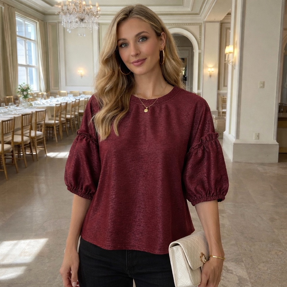 Voy Burgundy Puff Sleeves Textured Top- L